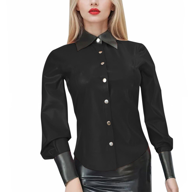 New Fashion Patent Leather PVC Shirts Women Elegant Patchwork Long Sleeve Blouses Office Lady Black Turn Down Collar Casual Tops