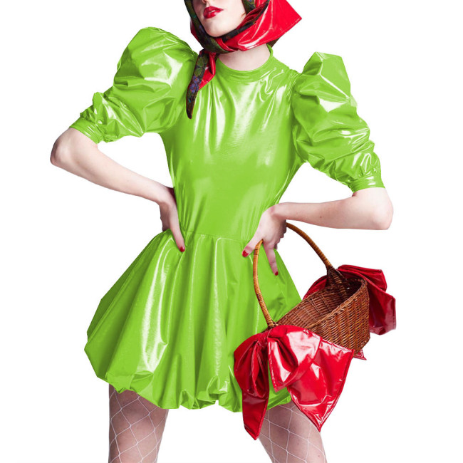 Sissy Wet Look Patent Leather Mini Dresses for Cosplay Party Costume Cross Dressering Shiny PVC Pleated Dresses Princess Outfits