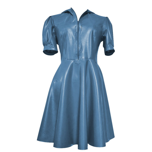 New Hooded Puff Short Sleeve Dress Women Vinyl PVC Leather High Waist A- Line Dress Party Swing Fit and Flare Skater Mini Dress