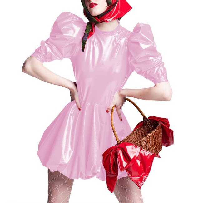 Sissy Wet Look Patent Leather Mini Dresses for Cosplay Party Costume Cross Dressering Shiny PVC Pleated Dresses Princess Outfits