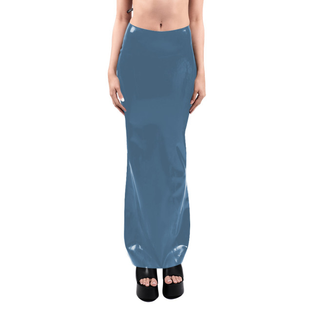 Sissy High Waist Faux Latex Long Skirt Sexy Stretch PVC Bodycon Pencil Skirts Shiny Zipper Split Back Gothic Skirts Clubwear