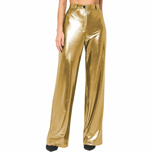 Womens Metallic Shiny Straight-leg Pants Sexy Nightclub Wide-Leg Pants Casual Pants Party Clubwear Liquid Metallic Long Trousers