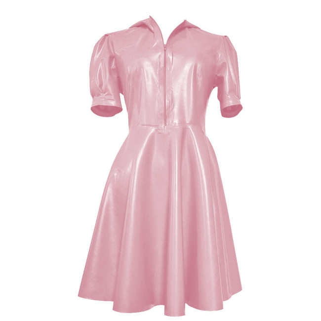 New Hooded Puff Short Sleeve Dress Women Vinyl PVC Leather High Waist A- Line Dress Party Swing Fit and Flare Skater Mini Dress
