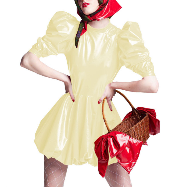 Sissy Wet Look Patent Leather Mini Dresses for Cosplay Party Costume Cross Dressering Shiny PVC Pleated Dresses Princess Outfits