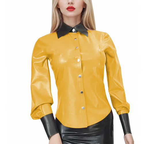 New Fashion Patent Leather PVC Shirts Women Elegant Patchwork Long Sleeve Blouses Office Lady Black Turn Down Collar Casual Tops