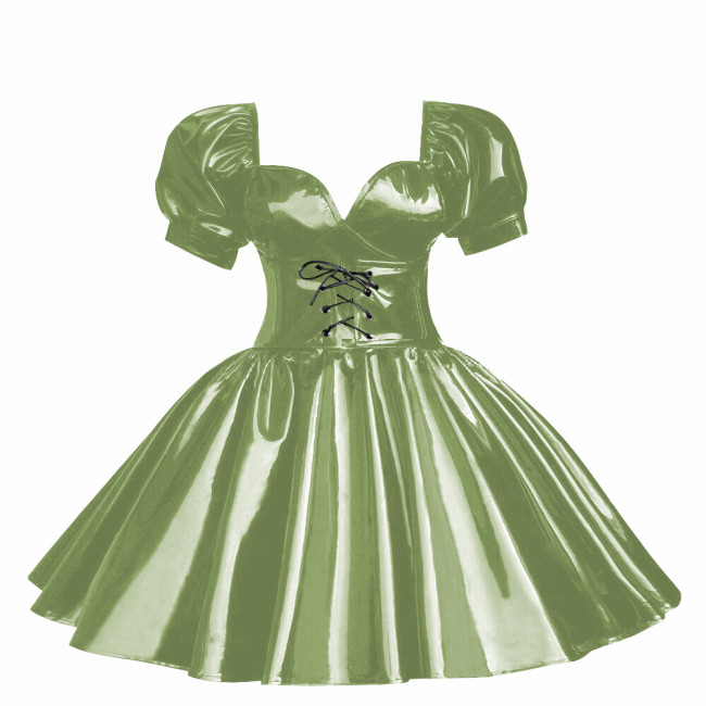 Cross-dressers Sweetheart Neck Puff Sleeve Mini Dress Shiny PVC Leather Pleated A-line Party Dress Cosplay Princess Dress OutfitCasual Party Cocktail Dress