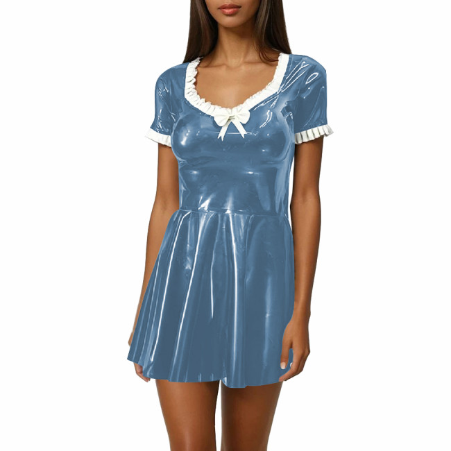 Women Sweet Mini Dress Sweetheart Neck Ruffle Bow Slim and Flared Dress Vinyl PVC Leather Lolita Style Short Sleeve Short Dress
