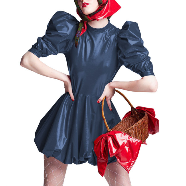 Sissy Wet Look Patent Leather Mini Dresses for Cosplay Party Costume Cross Dressering Shiny PVC Pleated Dresses Princess Outfits