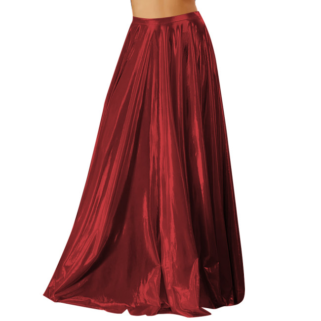 Elegant Glitter Metallic Party Long Skirts Womens High Waist Pleated Swing Prom Skirt Liquid Metallic Floor-length Club Skirts