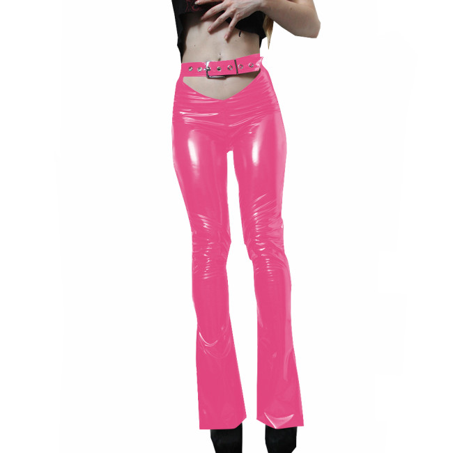 Sexy Shiny Womens Cut-out PVC Pants Wetlook Faux Leather High Waist Stretchy Long Pencil Pants Punk Girls Skinny Buckle Trousers