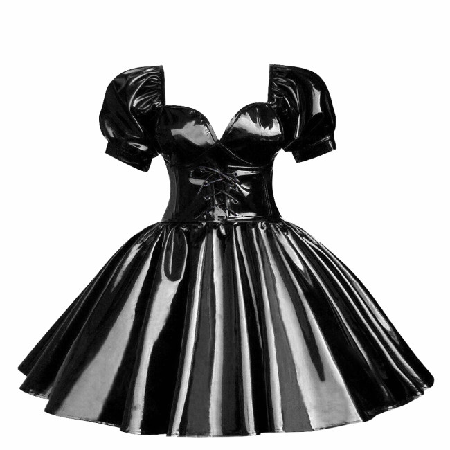 Cross-dressers Sweetheart Neck Puff Sleeve Mini Dress Shiny PVC Leather Pleated A-line Party Dress Cosplay Princess Dress OutfitCasual Party Cocktail Dress
