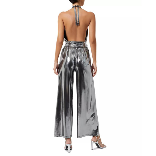 French Sexy Liquid Metallic Backless Jumpsuit for Womens Off-shoulder V-neck Laides Wide Leg Romoers Fashion One Piece Overalls