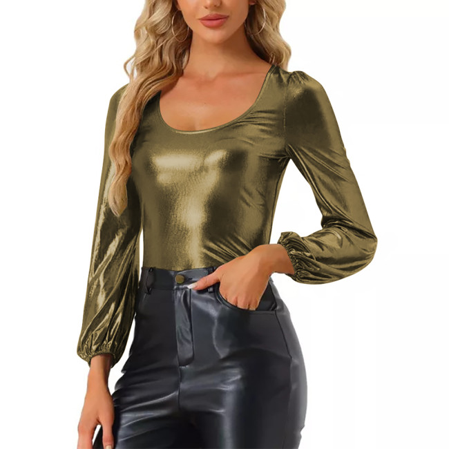 Basics Long Sleeves Scoop Neck T-shirts Liquid Metallic Solid Fashion Slim Top Ladies Streetwear Womens Soft Spandex T-Shirts