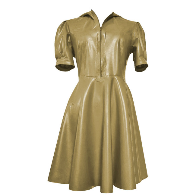 New Hooded Puff Short Sleeve Dress Women Vinyl PVC Leather High Waist A- Line Dress Party Swing Fit and Flare Skater Mini Dress