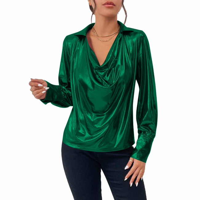 Ladies Elegant Draped Collar Metallic Blouse Womens Casual Long Sleeved Liquid Metallic Pullover Tops Fashion Cowl Neck Shirts