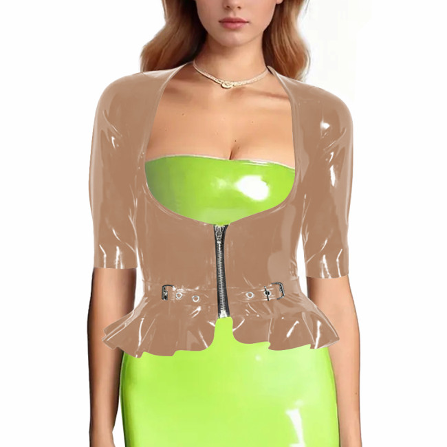 Women's Glossy Leather Jacket Wetlook Sexy Nightclub Short Jacket Ladies Half Sleeve Short Coat with Ruffles Rave Party Clubwear