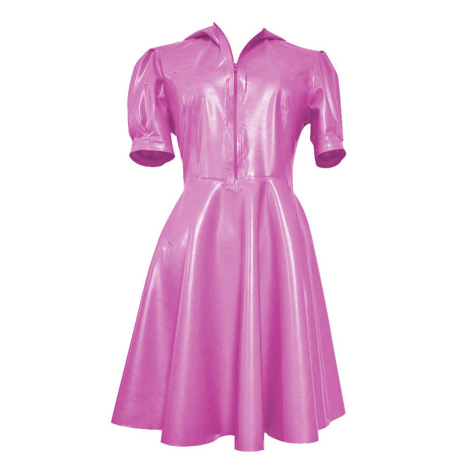 New Hooded Puff Short Sleeve Dress Women Vinyl PVC Leather High Waist A- Line Dress Party Swing Fit and Flare Skater Mini Dress