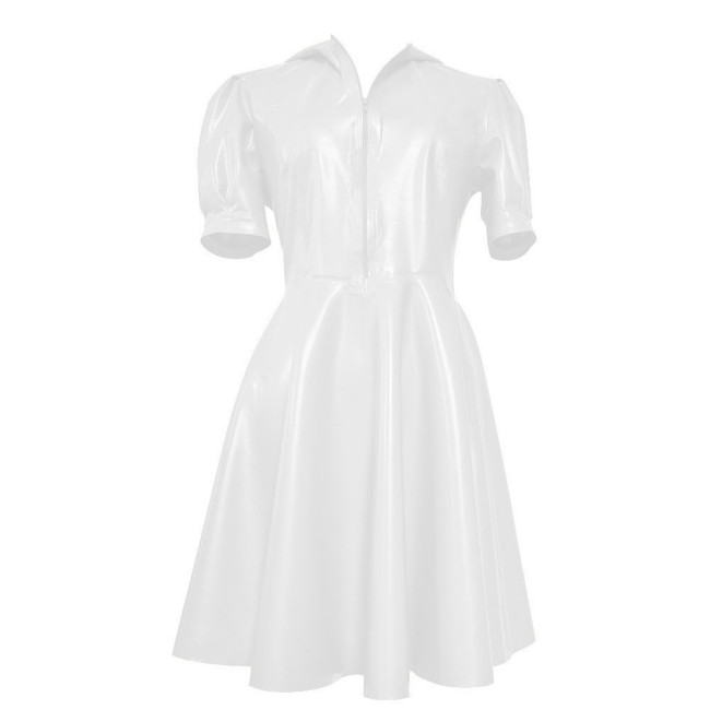 New Hooded Puff Short Sleeve Dress Women Vinyl PVC Leather High Waist A- Line Dress Party Swing Fit and Flare Skater Mini Dress