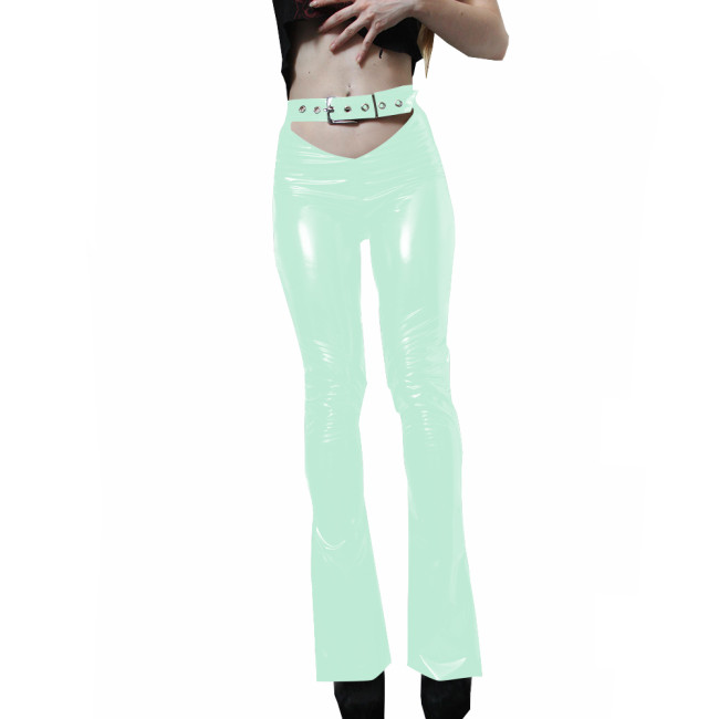 Sexy Shiny Womens Cut-out PVC Pants Wetlook Faux Leather High Waist Stretchy Long Pencil Pants Punk Girls Skinny Buckle Trousers