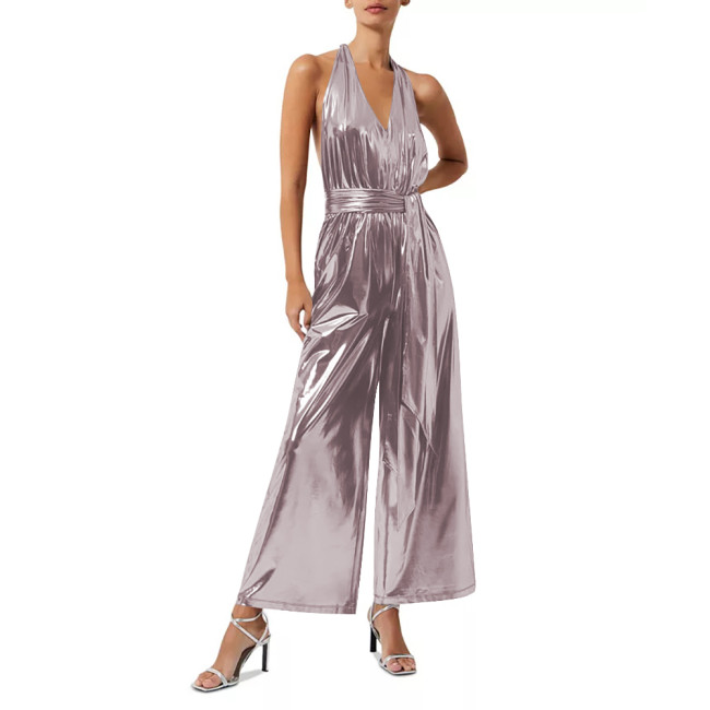 French Sexy Liquid Metallic Backless Jumpsuit for Womens Off-shoulder V-neck Laides Wide Leg Romoers Fashion One Piece Overalls