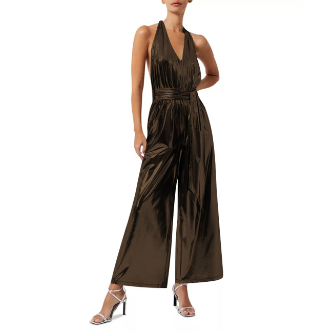 French Sexy Liquid Metallic Backless Jumpsuit for Womens Off-shoulder V-neck Laides Wide Leg Romoers Fashion One Piece Overalls