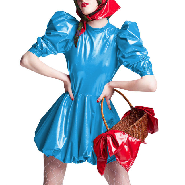 Sissy Wet Look Patent Leather Mini Dresses for Cosplay Party Costume Cross Dressering Shiny PVC Pleated Dresses Princess Outfits