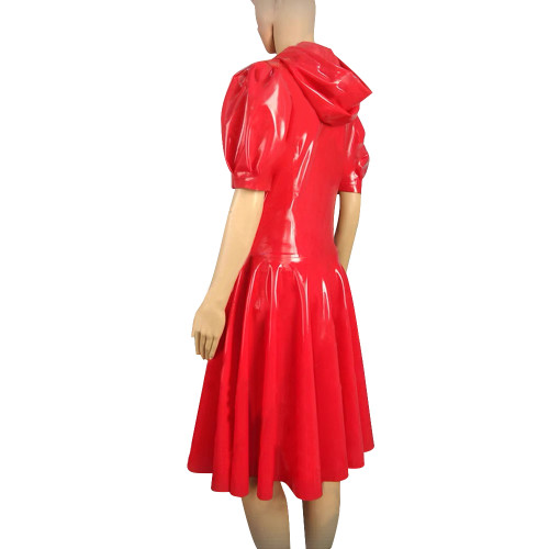 New Hooded Puff Short Sleeve Dress Women Vinyl PVC Leather High Waist A- Line Dress Party Swing Fit and Flare Skater Mini Dress