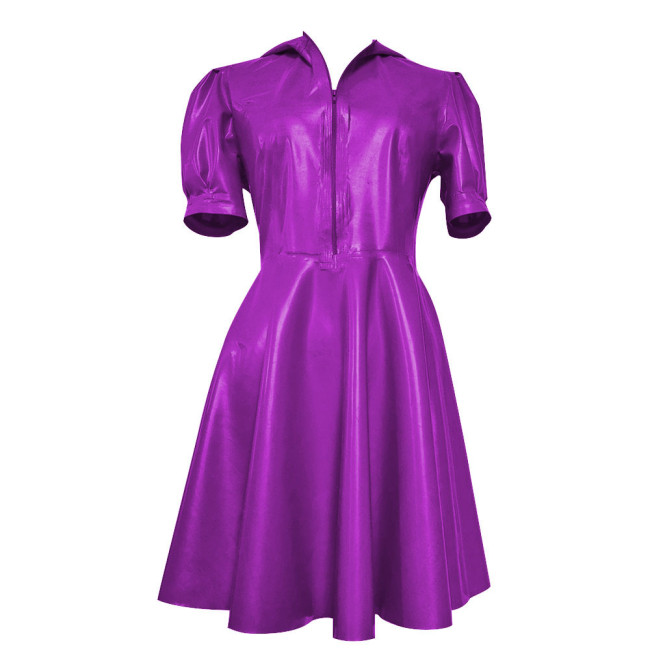 New Hooded Puff Short Sleeve Dress Women Vinyl PVC Leather High Waist A- Line Dress Party Swing Fit and Flare Skater Mini Dress