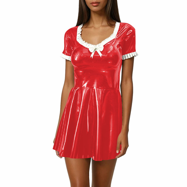 Women Sweet Mini Dress Sweetheart Neck Ruffle Bow Slim and Flared Dress Vinyl PVC Leather Lolita Style Short Sleeve Short Dress