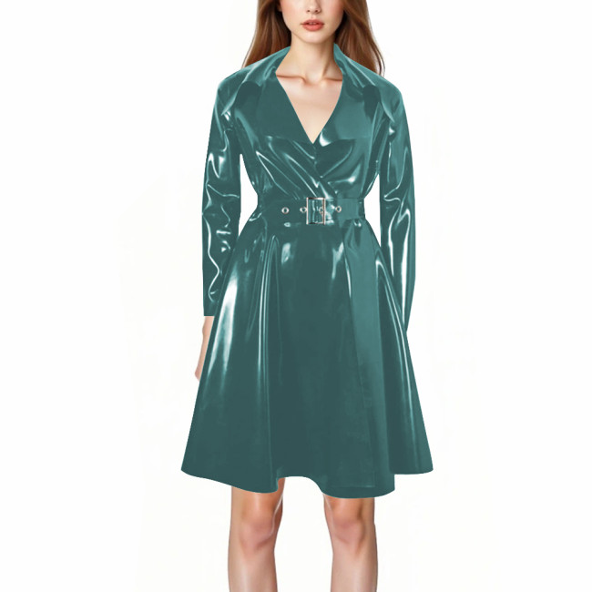 Fashion Wetlook Trench Jackets Long Sleeve Patent PVC Leather Solid Color Long Coat Womens Lapel Belted Trench Club Street Wear
