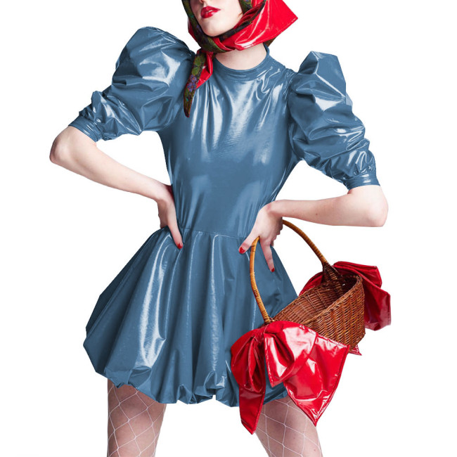 Sissy Wet Look Patent Leather Mini Dresses for Cosplay Party Costume Cross Dressering Shiny PVC Pleated Dresses Princess Outfits