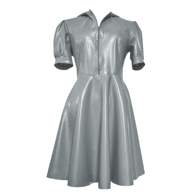 New Hooded Puff Short Sleeve Dress Women Vinyl PVC Leather High Waist A- Line Dress Party Swing Fit and Flare Skater Mini Dress