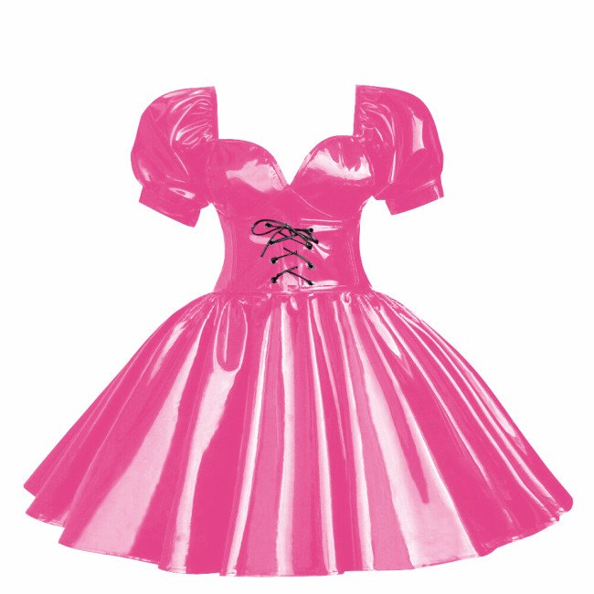 Cross-dressers Sweetheart Neck Puff Sleeve Mini Dress Shiny PVC Leather Pleated A-line Party Dress Cosplay Princess Dress OutfitCasual Party Cocktail Dress