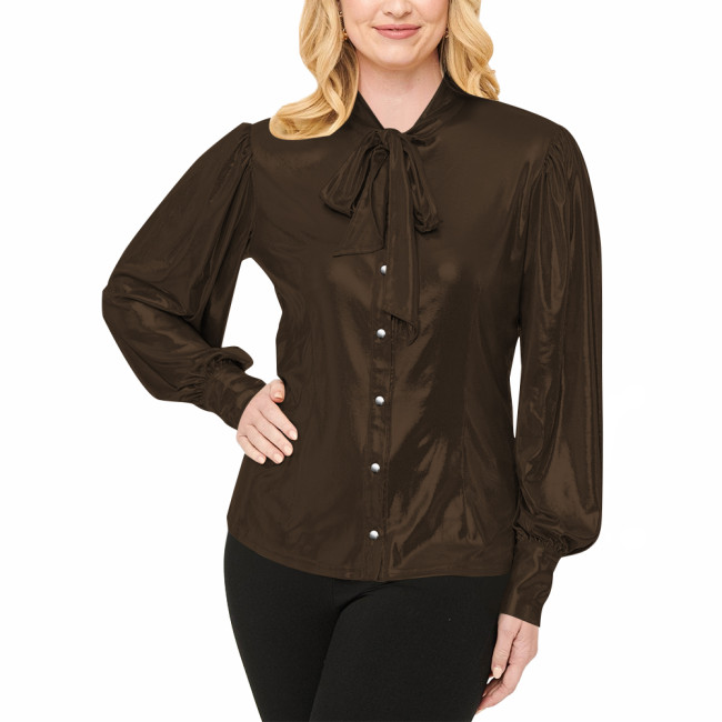 Office Ladies Shiny Necktie Blouse Fashion High Street Lantern Sleeve Shirt Liquid Metallic Button-up Front Shirts Womens Tops