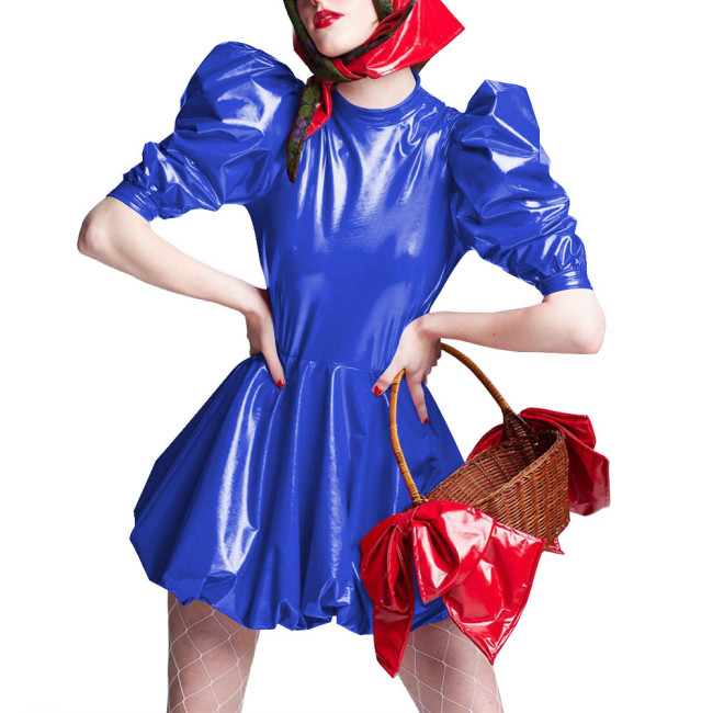 Sissy Wet Look Patent Leather Mini Dresses for Cosplay Party Costume Cross Dressering Shiny PVC Pleated Dresses Princess Outfits