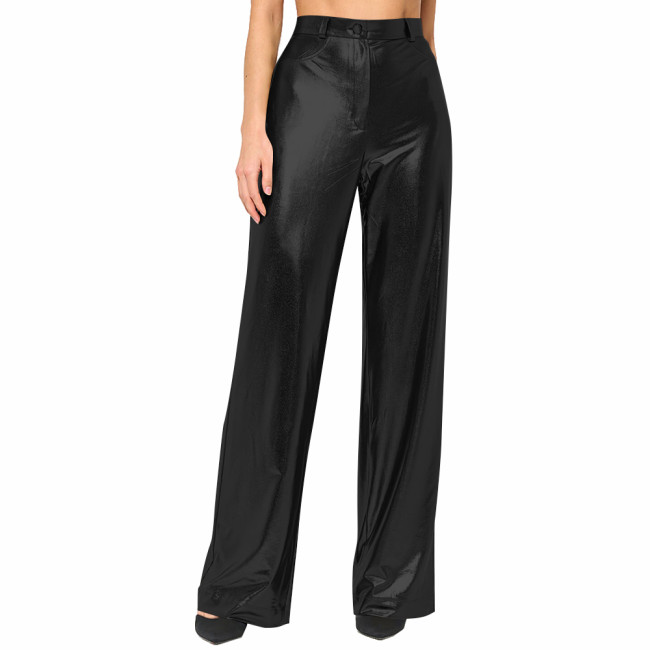 Womens Metallic Shiny Straight-leg Pants Sexy Nightclub Wide-Leg Pants Casual Pants Party Clubwear Liquid Metallic Long Trousers