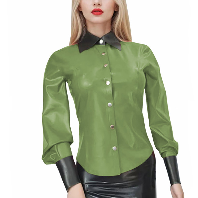 New Fashion Patent Leather PVC Shirts Women Elegant Patchwork Long Sleeve Blouses Office Lady Black Turn Down Collar Casual Tops