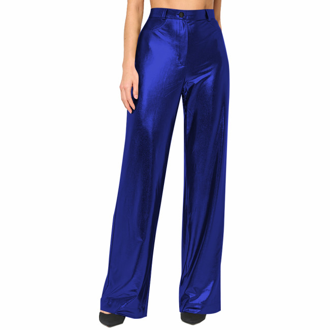 Womens Metallic Shiny Straight-leg Pants Sexy Nightclub Wide-Leg Pants Casual Pants Party Clubwear Liquid Metallic Long Trousers