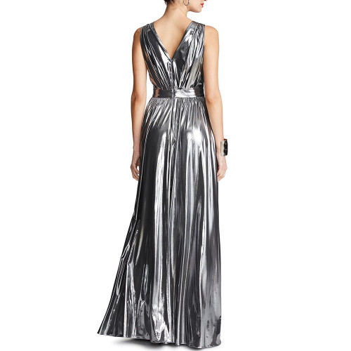 Elegant V-Neck Floor-length Dress Soft Liquid Metallic Evening Gown for Women Sleeveless Slim High Waist Party Pleated Dresses