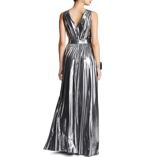 Elegant V-Neck Floor-length Dress Soft Liquid Metallic Evening Gown for Women Sleeveless Slim High Waist Party Pleated Dresses