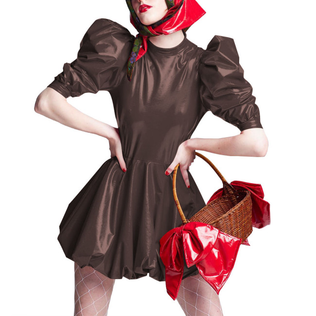 Sissy Wet Look Patent Leather Mini Dresses for Cosplay Party Costume Cross Dressering Shiny PVC Pleated Dresses Princess Outfits