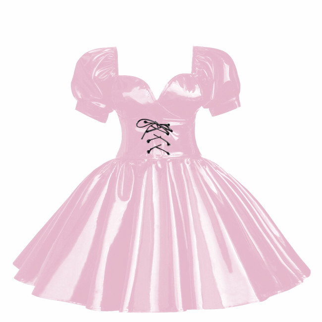 Cross-dressers Sweetheart Neck Puff Sleeve Mini Dress Shiny PVC Leather Pleated A-line Party Dress Cosplay Princess Dress OutfitCasual Party Cocktail Dress