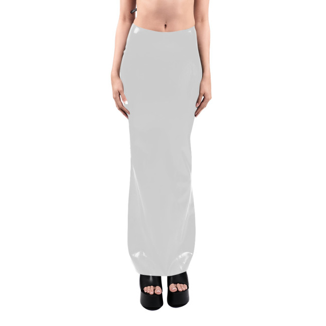 Sissy High Waist Faux Latex Long Skirt Sexy Stretch PVC Bodycon Pencil Skirts Shiny Zipper Split Back Gothic Skirts Clubwear