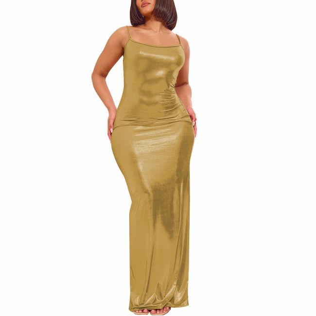 Elegant Soft Spandex Spaghetti Strap Bodycon Long Dress Women's Sexy Evening Gown Liquid Metallic Full-length Mermaid Dresses