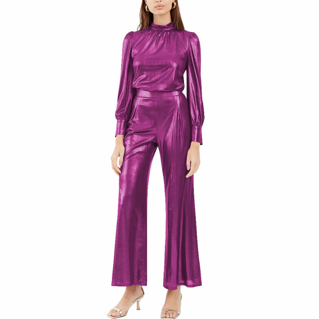 Women's Elegant Metallic Long Sleeved Top and Wide-Leg Pants Fashion Streetwear Ladies Eeving Party Pant Sets Casual Outfirs