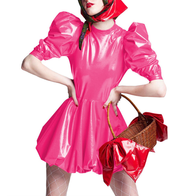 Sissy Wet Look Patent Leather Mini Dresses for Cosplay Party Costume Cross Dressering Shiny PVC Pleated Dresses Princess Outfits