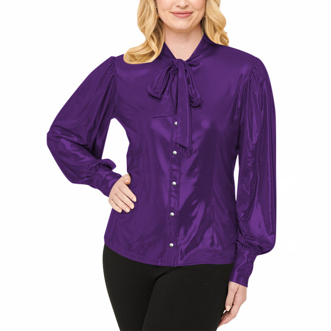 Office Ladies Shiny Necktie Blouse Fashion High Street Lantern Sleeve Shirt Liquid Metallic Button-up Front Shirts Womens Tops