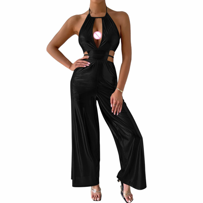 Sexy Sleeveless Hollow Out Jumpsuit Women Fashion Soft Metallic Halter Tie Back Backless Rompers Overalls Sexy Party Clubwear