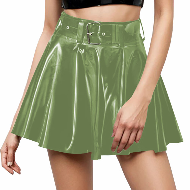 Sexy Women's Mini Skirt Ladies Streetwear PVC Patent Leather Pleated Skirt with Belt Fashionable Party Dance A-Line Skater Skirt