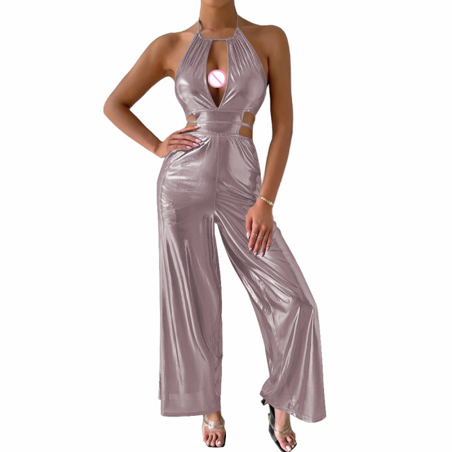 Sexy Sleeveless Hollow Out Jumpsuit Women Fashion Soft Metallic Halter Tie Back Backless Rompers Overalls Sexy Party Clubwear